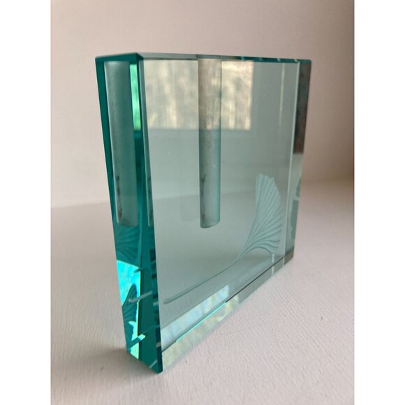 Stephen Schlanser Crystal Glass Etched Ginkgo Leaf 5” Ikebana Vase Signed 1999 - Picture 9 of 14